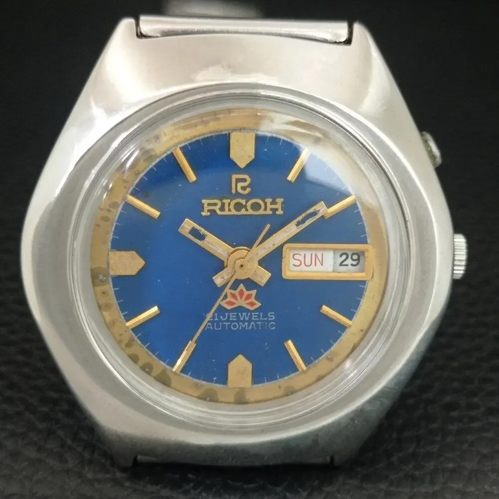 Vintage 1977 Ricoh Automatic Mens Silver Watch W/daydate & Gold accents